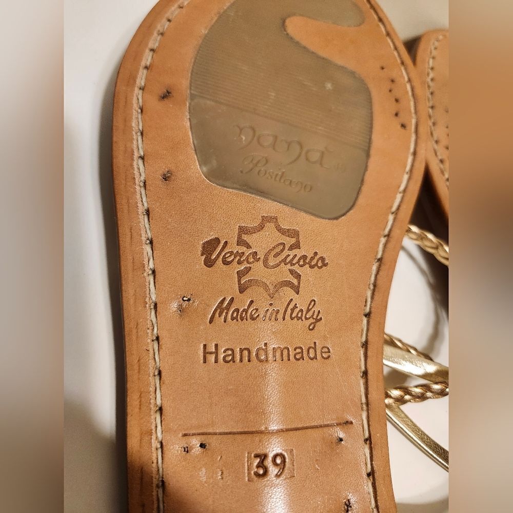 New NaNa Positano Handmade Gold Strappy Flat Sandals Sz.8.5/39 Ret.$266/ €278 - Picture 12 of 12
